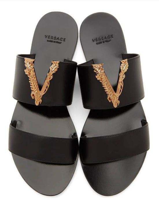 Versace Shoes - VERSACE BLACK VIRTUS FLAT SANDALS size 7